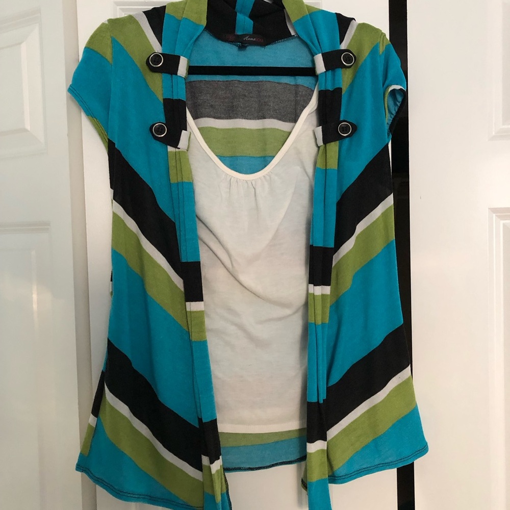 HeartSoul Short-Sleeve Hooded Striped Cardigan in Teal, Black & Green